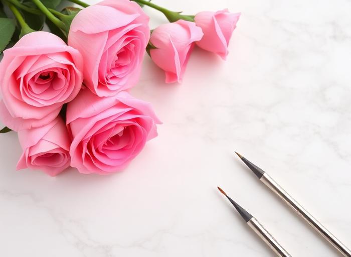 Pink roses and brushes flat lay
